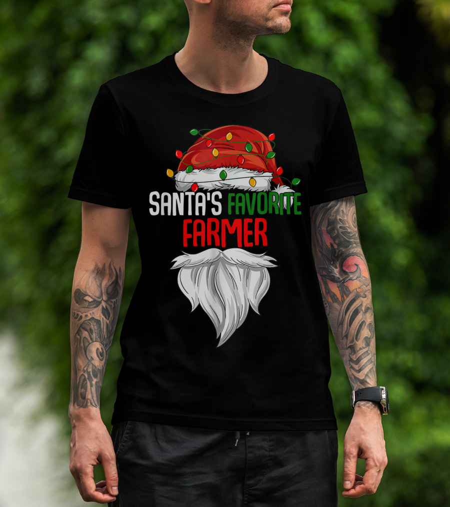 Santa's Favorite Farmer Christmas Beard And Hat Lights T-Shirt
