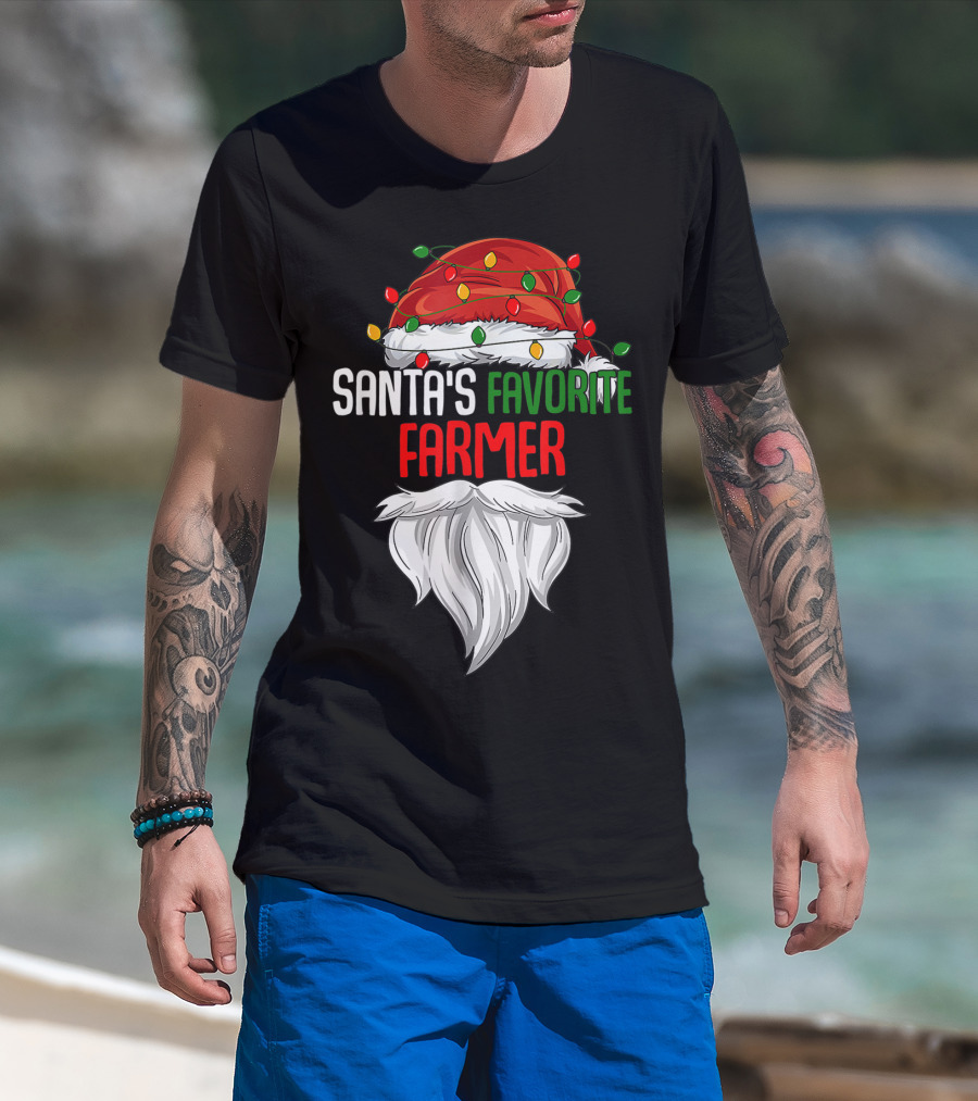 Santa's Favorite Farmer Christmas Beard And Hat Lights T-Shirt