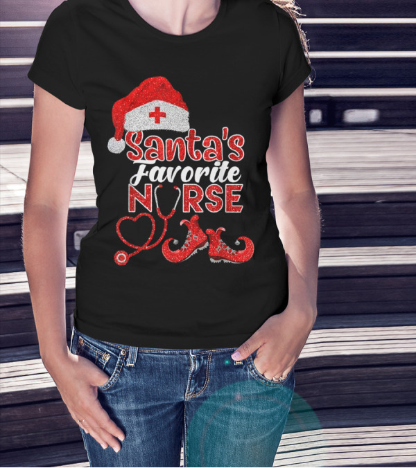 Santa's Favorite Nurse Heart Stethoscope Elf Shoes Merry Xmas Party T-Shirt