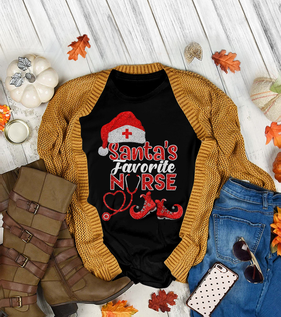 Santa's Favorite Nurse Heart Stethoscope Elf Shoes Merry Xmas Party T-Shirt