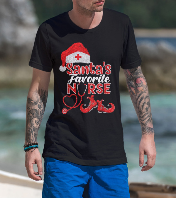 Santa's Favorite Nurse Heart Stethoscope Elf Shoes Merry Xmas Party T-Shirt