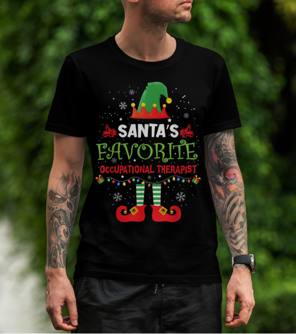 Santa's Favorite Occupational Therapist Merry Christmas Elf Hat Lights Snowflakes T-Shirt