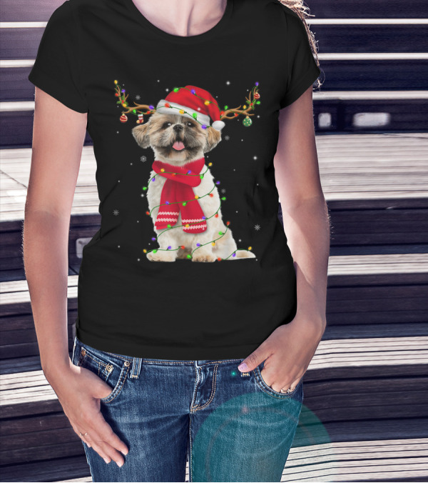 Shih Tzu Christmas Reindeer Antlers Red Scarf Santa Hat Festive Lights T-Shirt