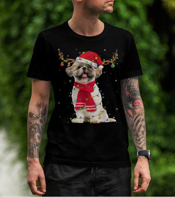 Shih Tzu Christmas Reindeer Antlers Red Scarf Santa Hat Festive Lights T-Shirt
