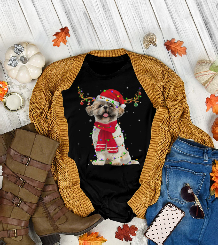 Shih Tzu Christmas Reindeer Antlers Red Scarf Santa Hat Festive Lights T-Shirt