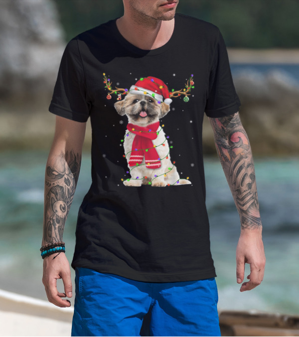 Shih Tzu Christmas Reindeer Antlers Red Scarf Santa Hat Festive Lights T-Shirt