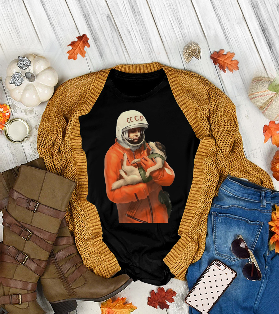 Soviet Space Gagarin USSR CCCP Cosmonaut with Dog in Orange Suit T-Shirt