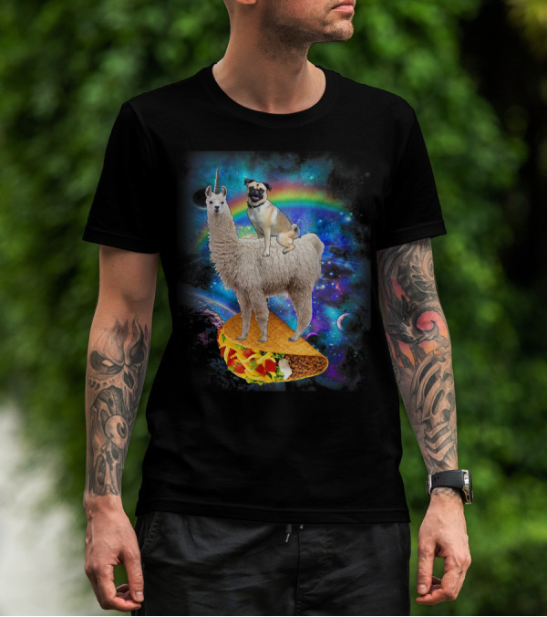 Space Pug On Llama With Taco In Galaxy Background T-Shirt