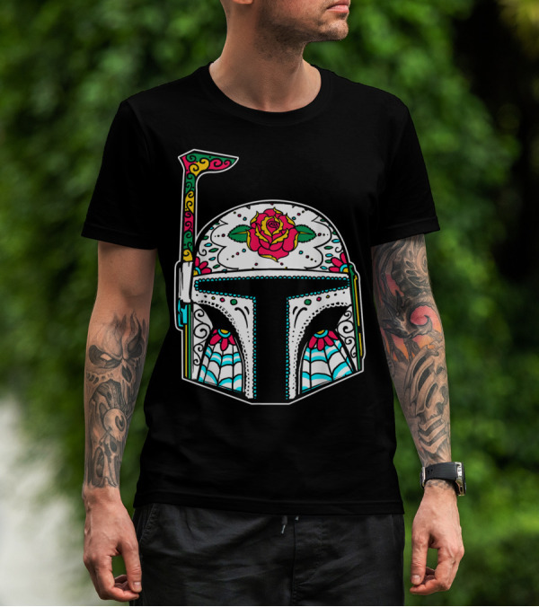 Boba Fett Mandalorian Sugar Skull Star Wars Rose Decorated Helmet T-Shirt