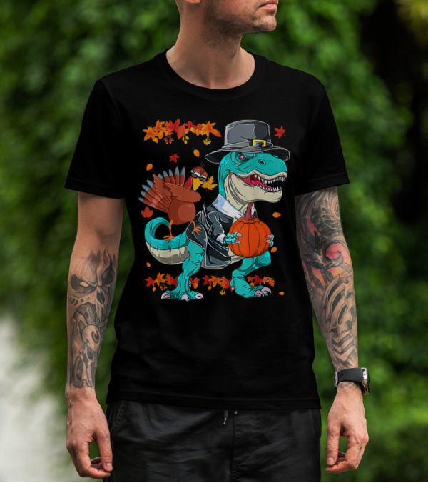 Thanksgiving Pilgrim T-Rex Dinosaur Dabbing Turkey With Pumpkin And Autumn Leaves T-Shirt