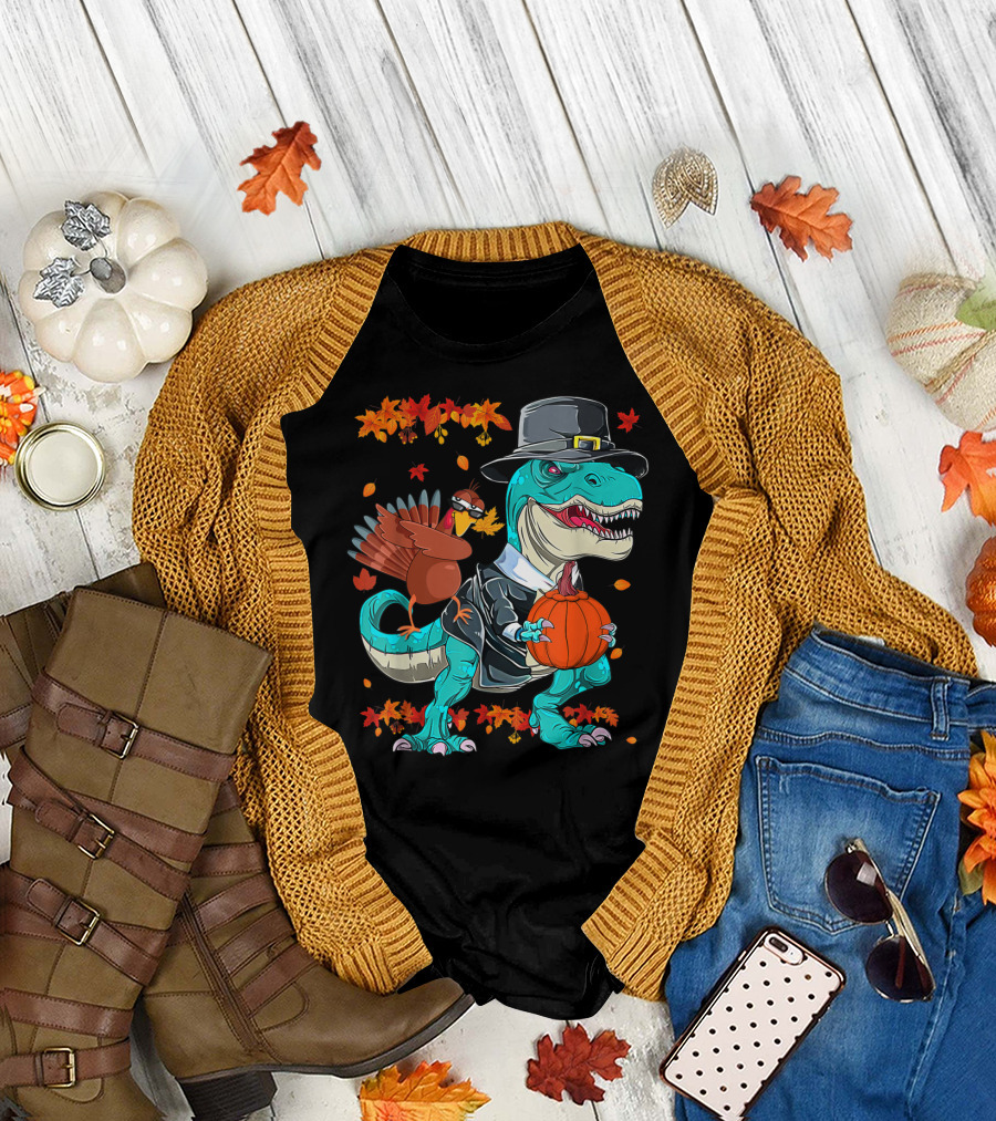Thanksgiving Pilgrim T-Rex Dinosaur Dabbing Turkey with Pumpkin and Autumn Leaves T-Shirt