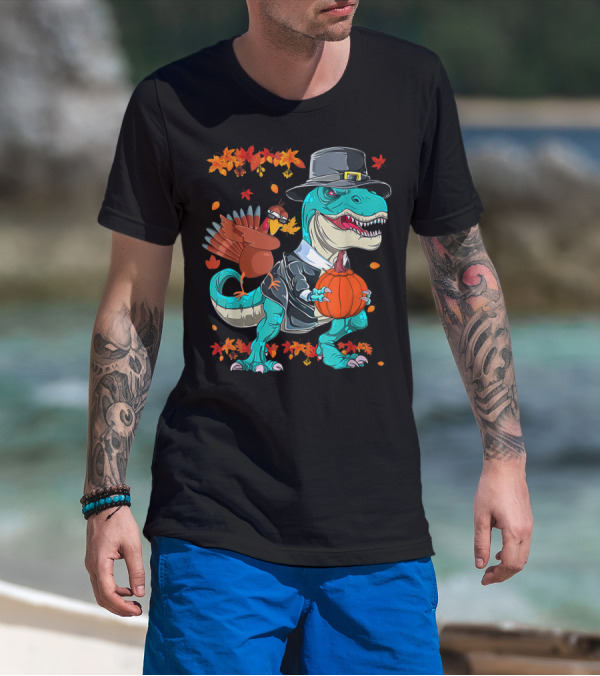 Thanksgiving Pilgrim T-Rex Dinosaur Dabbing Turkey With Pumpkin And Autumn Leaves T-Shirt