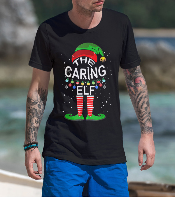 The Caring Elf Christmas Lights Snowflakes Hat And Striped Socks T-Shirt