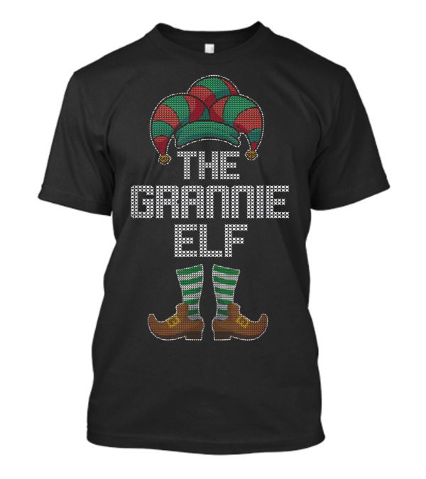 The Grannie Elf Holiday Festive Costume Jester Hat And Striped Socks T-Shirt