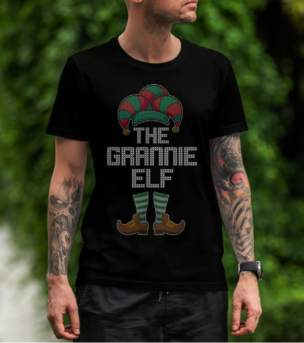The Grannie Elf Holiday Festive Costume Jester Hat And Striped Socks T-Shirt