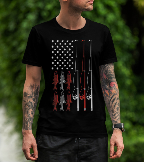 USA Flag Fishing Dad Grandpa Fish Poles Stars T-Shirt
