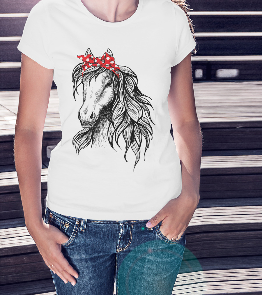 Cute Horse Red Polka Dot Bandana Headband Horse Lovers T-Shirt