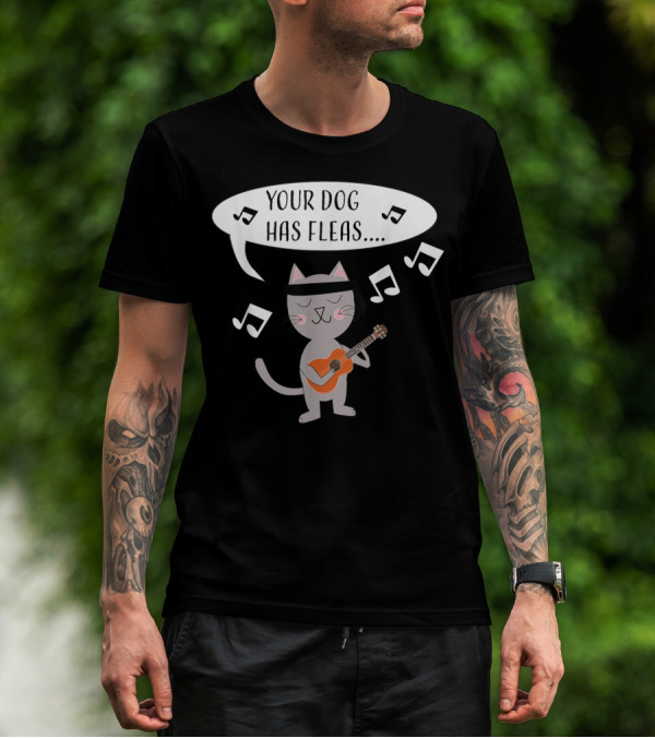 Ukulele Cat Playing Your Dog Has Fleas Tune With Music Notes T-Shirt