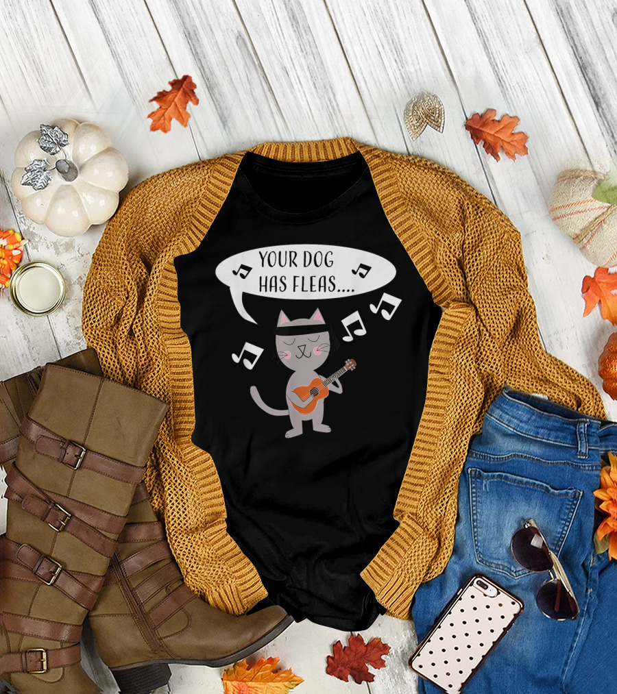 Ukulele Cat Playing Your Dog Has Fleas Tune with Music Notes T-Shirt