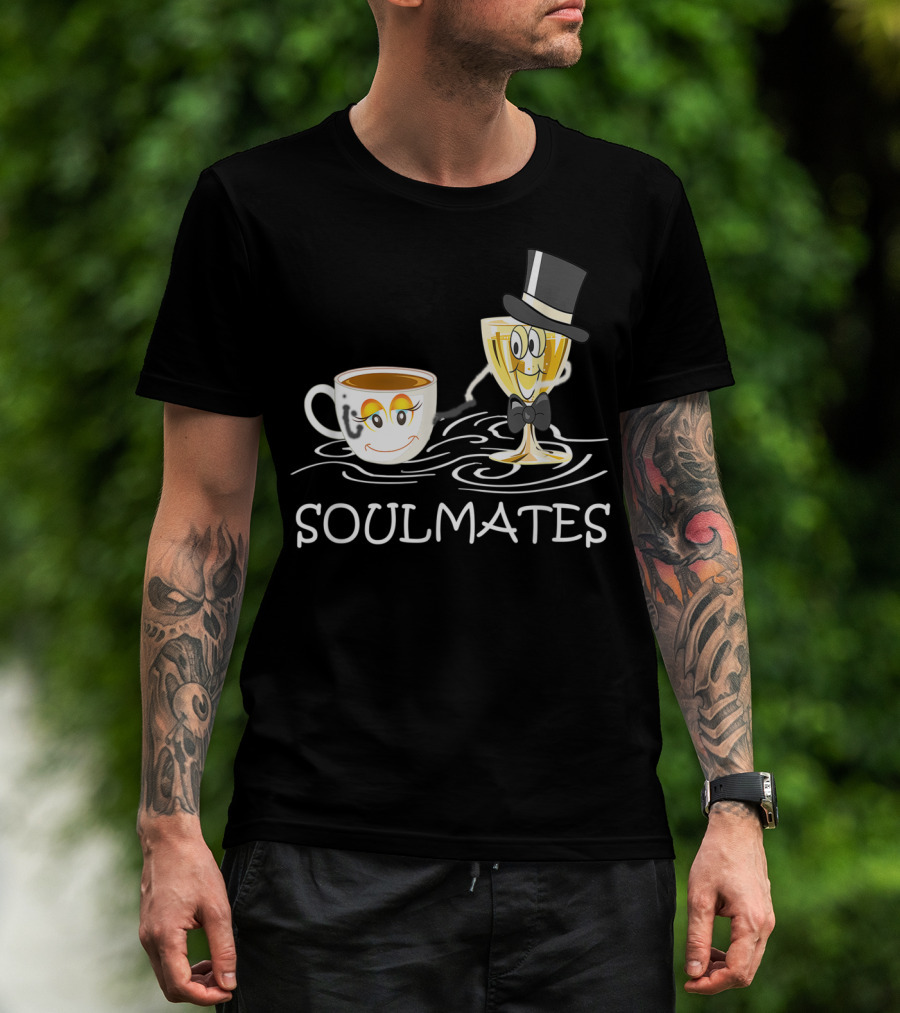 Funny Wine And Coffee Soulmates With Smiling Cup And Glass In Love T-Shirt