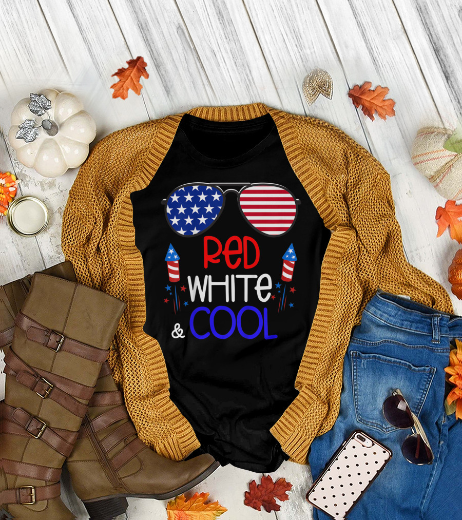Red White and Cool Kids Boys 4th of July Patriotic Sunglasses Fireworks T-Shirt