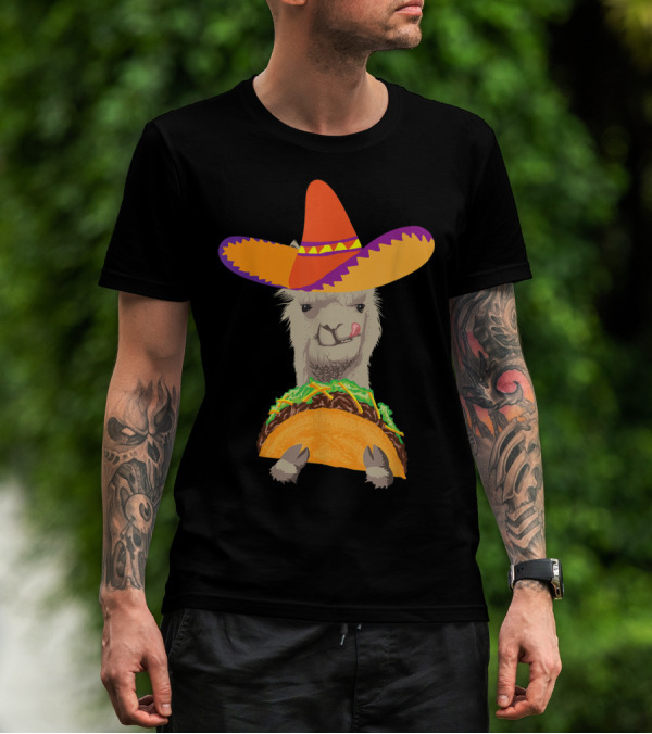 Llama Eating Taco With Sombrero Cool Mexican Alpaca T-Shirt