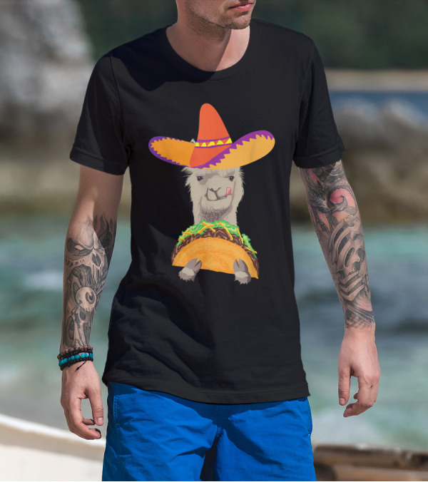Llama Eating Taco With Sombrero Cool Mexican Alpaca T-Shirt