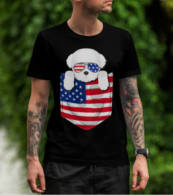 Maltese Dog Peeking Pocket American Flag Sunglasses T-Shirt