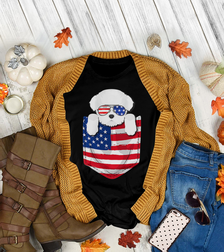 Maltese Dog Peeking Pocket American Flag Sunglasses T-Shirt