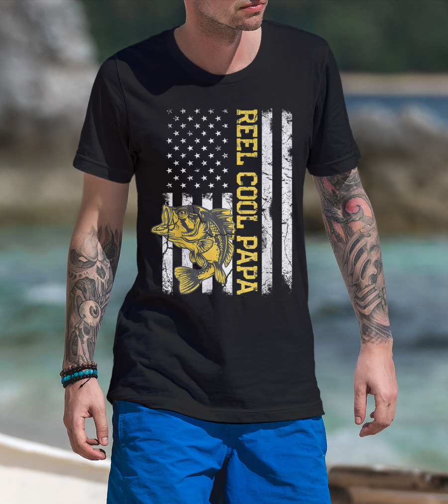 Father's Day Fishing Reel Cool Papa American Flag Bass T-Shirt