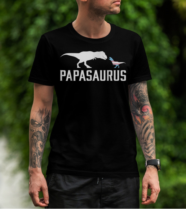 Papasaurus Transgender Flag T-Rex And Baby Dinosaurs T-Shirt