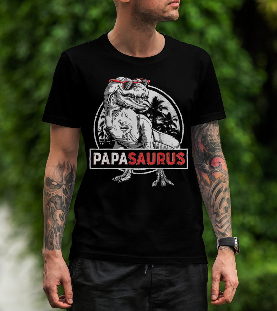 Papasaurus Rex Dinosaur With Sunglasses And Palm Trees T-Shirt