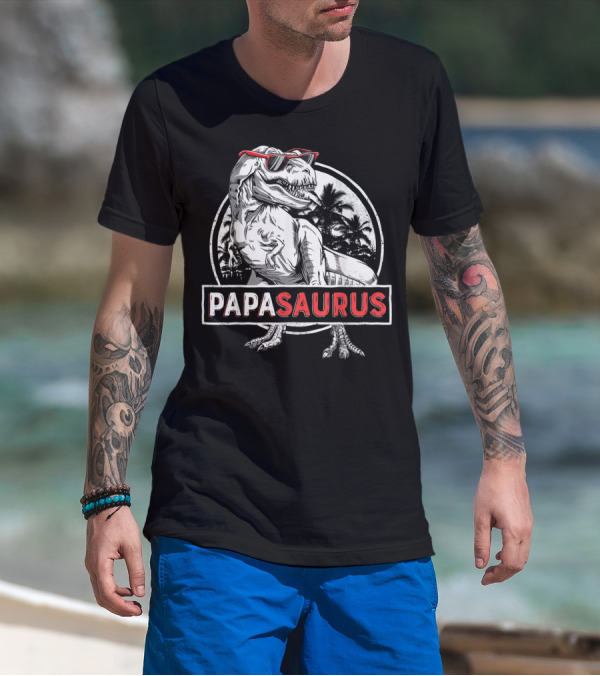 Papasaurus Rex Dinosaur With Sunglasses And Palm Trees T-Shirt