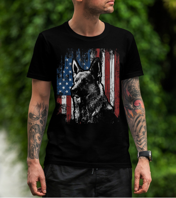 Patriotic German Shepherd With American Flag Background T-Shirt