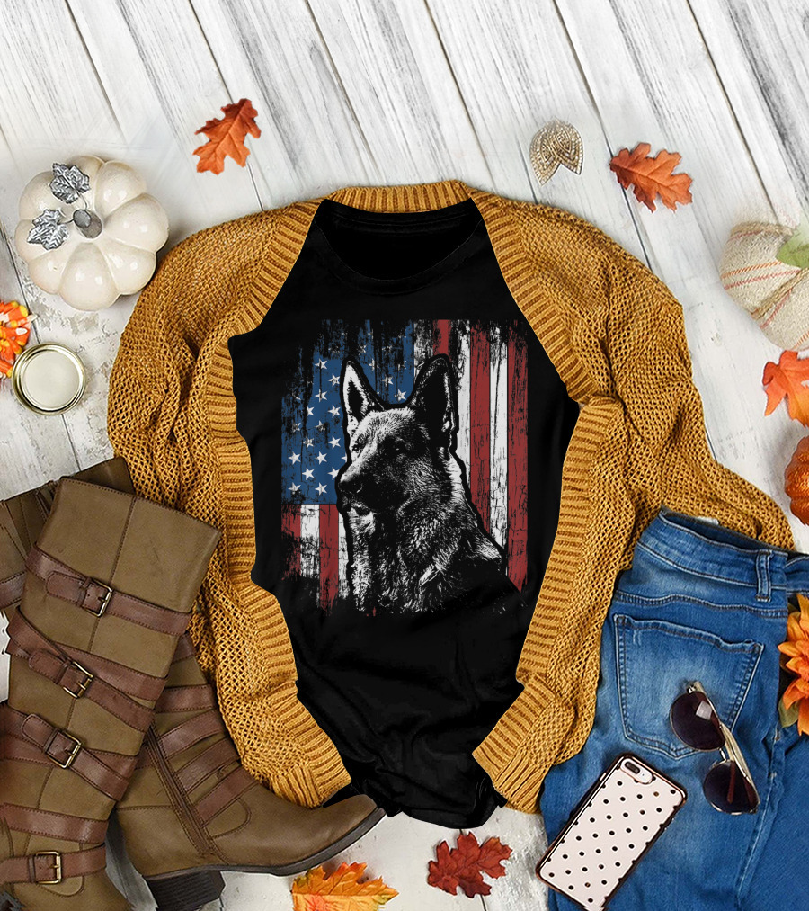 Patriotic German Shepherd With American Flag Background T-Shirt