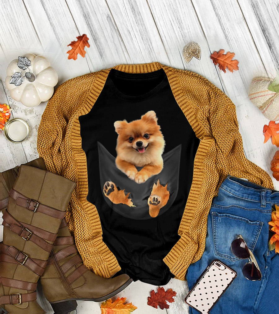 Pomeranian Pup in Faux Pocket with Paws Peeking Out T-Shirt