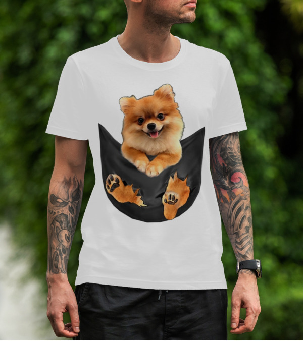 Pomeranian Pup In Faux Pocket With Paws Peeking Out T-Shirt
