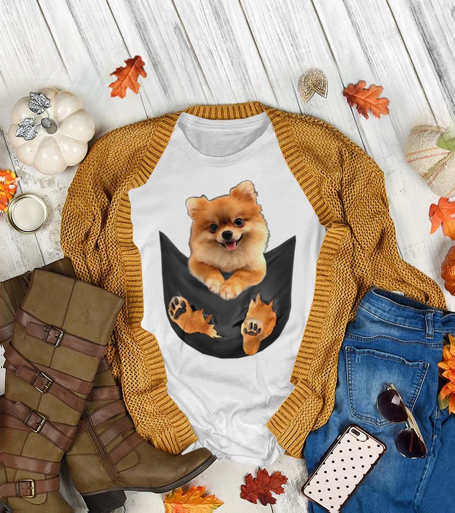 Pomeranian Pup in Faux Pocket with Paws Peeking Out T-Shirt