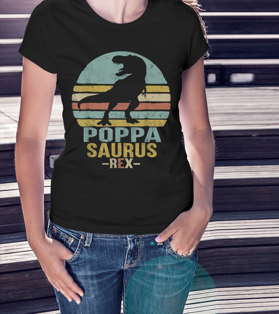 Poppasaurus Rex Retro Dinosaur Silhouette Poppa Saurus T-Shirt