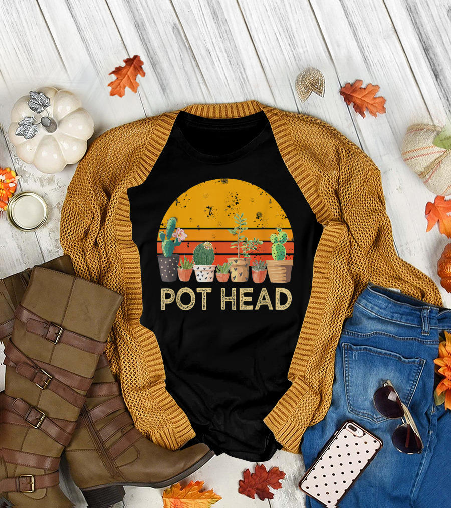 Pot Head Stone Flowers Cactus Vintage Sunset T-Shirt