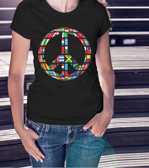 Global Peace Symbol With International Flags Multicultural Unity T-Shirt