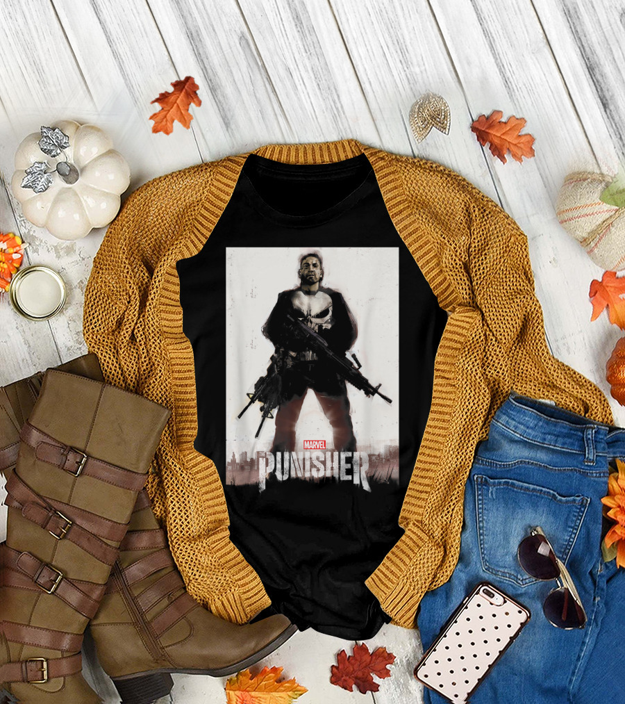 Marvel The Punisher Frank Castle One Man Army Standing with Weapons and Skull Emblem T-Shirt