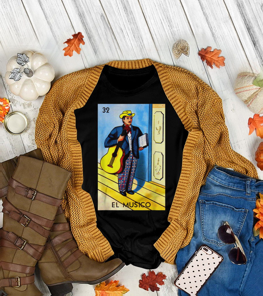 32 El Musico Mexican Loteria Card with Guitar and Sheet Music T-Shirt
