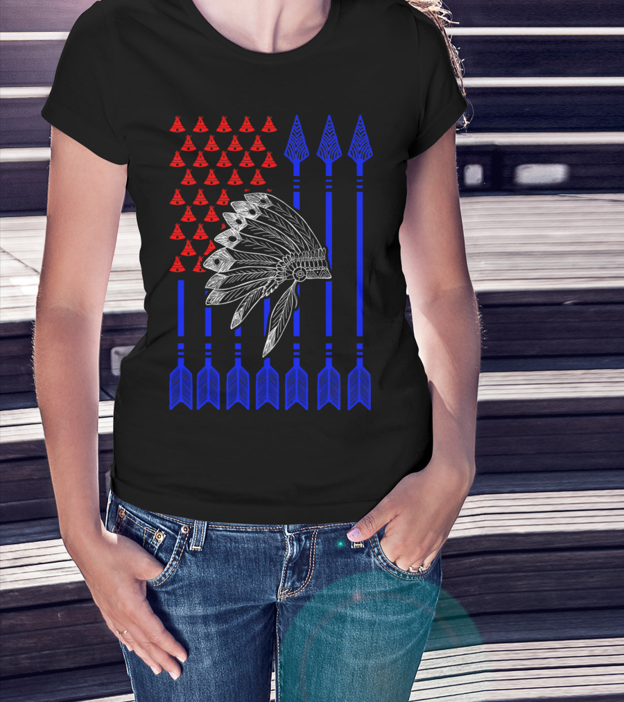 Native American Day Headdress Red Teepees Blue Arrows Flag T-Shirt