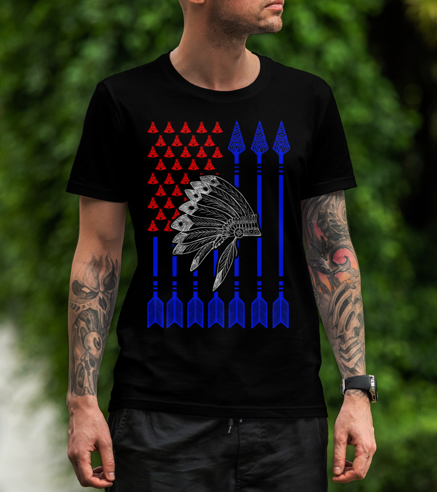 Native American Day Headdress Red Teepees Blue Arrows Flag T-Shirt