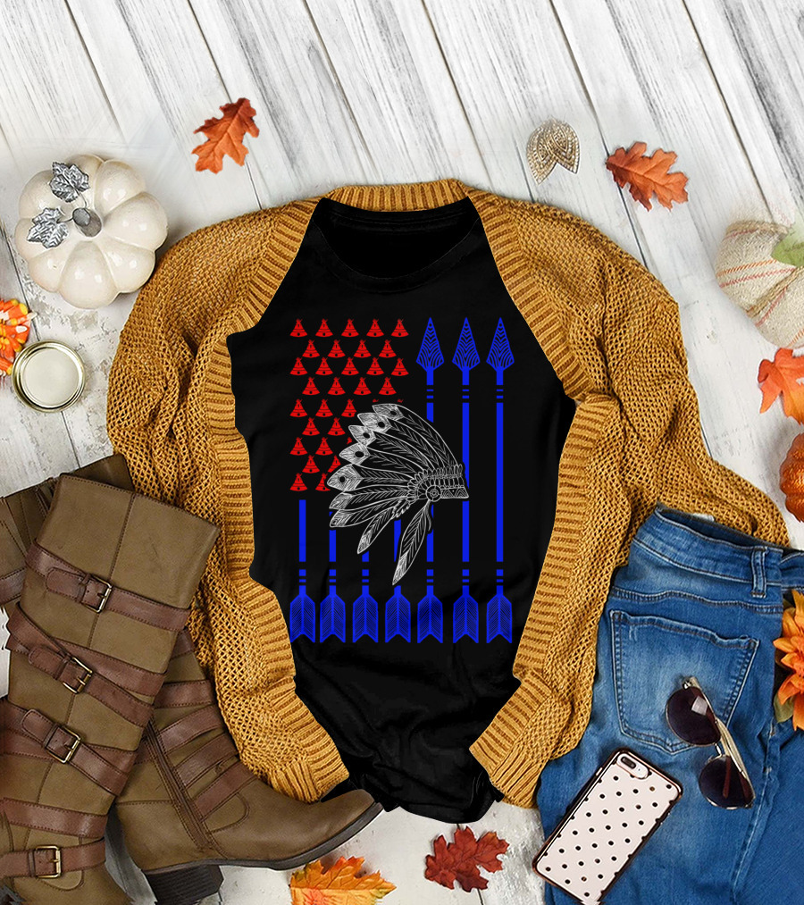 Native American Day Headdress Red Teepees Blue Arrows Flag T-Shirt