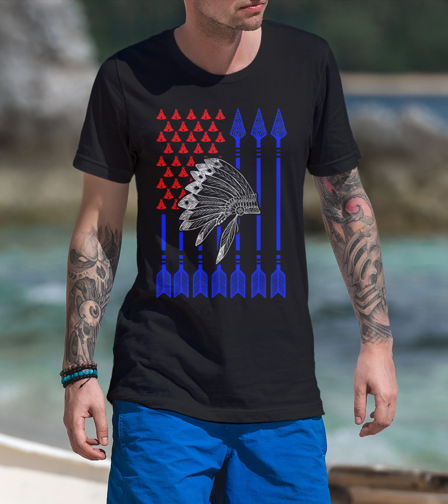 Native American Day Headdress Red Teepees Blue Arrows Flag T-Shirt