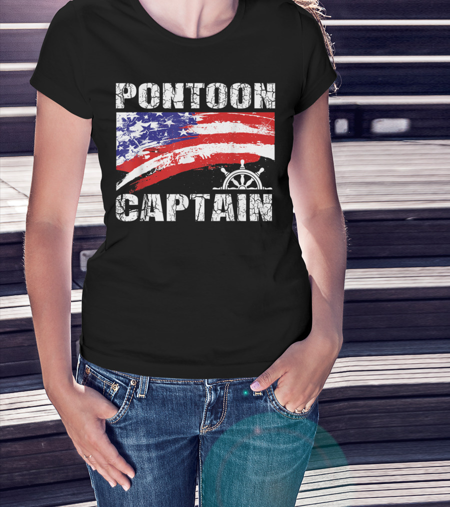 Pontoon Captain American Flag Steering Wheel Dad Boating T-Shirt