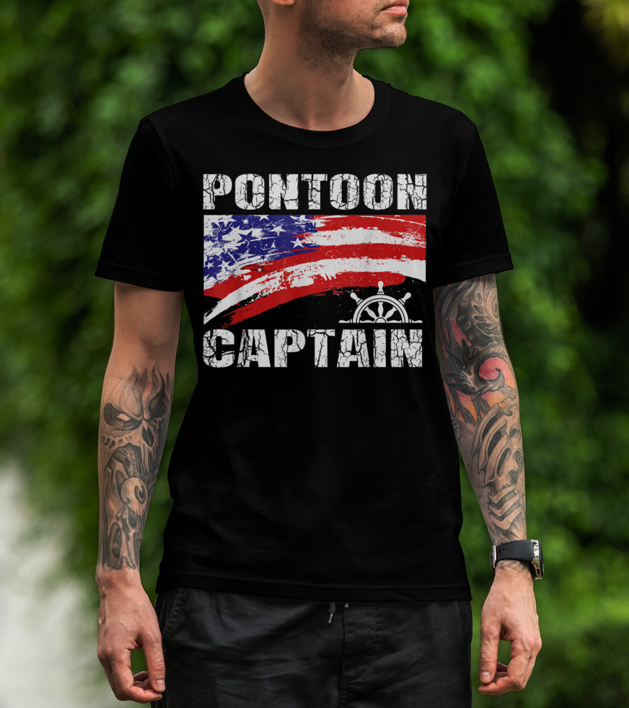 Pontoon Captain American Flag Steering Wheel Dad Boating T-Shirt