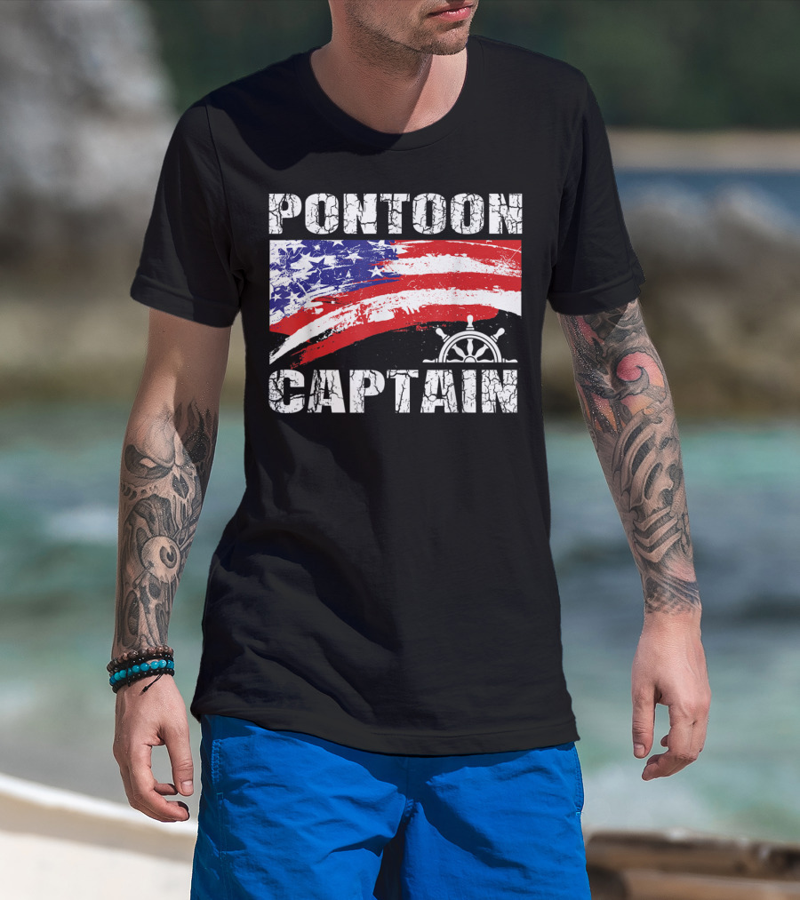 Pontoon Captain American Flag Steering Wheel Dad Boating T-Shirt